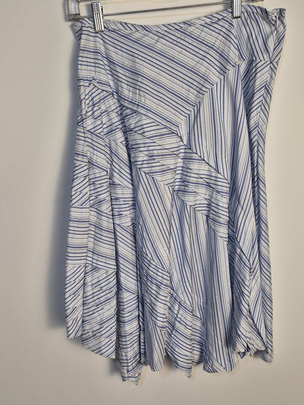 MNG Blue White Striped Asymmetrical Ruffle Midi Skirt LightweightDescript